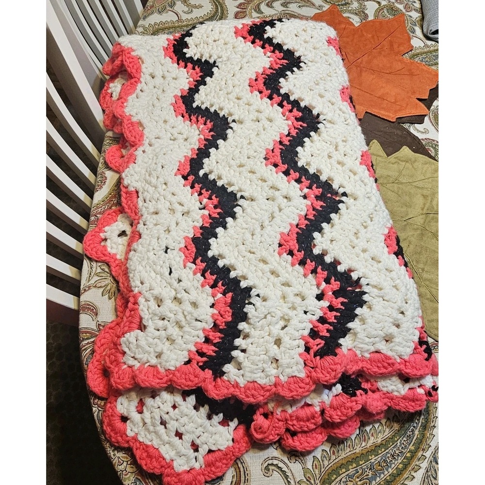Handmade Crocheted Afghan Blanket Granny Blanket Hot Pink,Black Glitter, White - Picture 2 of 4